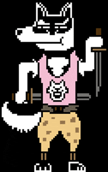 a pixel art drawing of a husky wearing a pink shirt and holding a sword