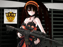 a girl holding a gun in front of a sign that says em actually kurumi uses a flirtlock rifle