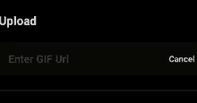 a screenshot of a screen that says upload enter gif url cancel .