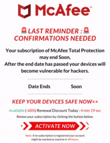 an advertisement for mcafee that says ' last reminder : confirmations needed '