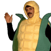 a man in a corn on the cob costume is waving his hand