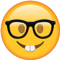 a yellow smiley face with black glasses and a big smile