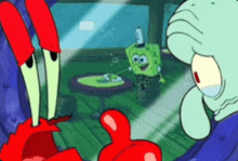 crab and squidward from spongebob squarepants are looking at each other