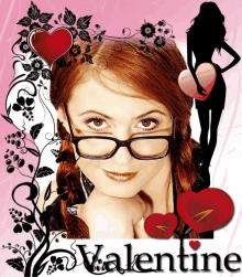 a woman wearing glasses is surrounded by hearts and the word valentine on a pink background