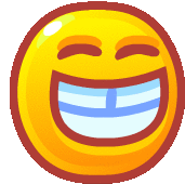 a yellow smiley face with a red border is smiling with its eyes closed