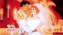 a cartoon of a bride and groom dancing at their wedding .