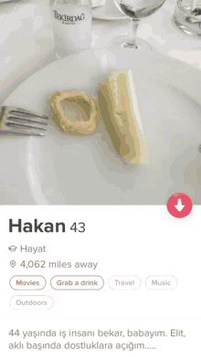 a screenshot of a tinder profile for hakan 43 shows a plate of food and a drink