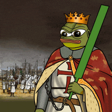 a cartoon drawing of a frog wearing a crown and holding a green stick