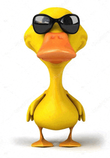 a cartoon duck is wearing sunglasses and standing on a white background .