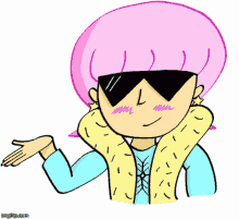 a cartoon of a girl with pink hair wearing sunglasses and a fur vest