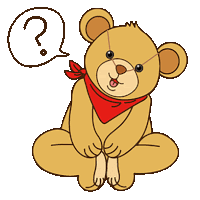 a teddy bear with a red scarf around its neck has a question mark above it