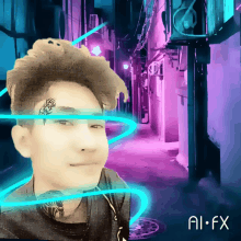 a man with a tattoo on his forehead is standing in a dark alleyway with ai fx written on the bottom