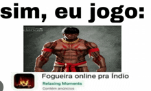 a cartoon of a man with a red sash around his waist says sim eu jogo