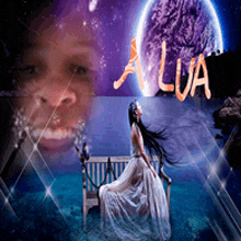 a woman in a white dress is sitting on a bench in front of a full moon and the word lua