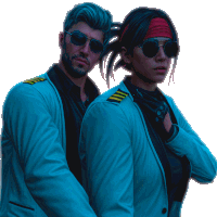 a man and a woman wearing sunglasses and blue jackets