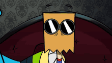 a cartoon character wearing sunglasses and a paper bag on his head