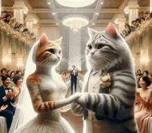 a bride and groom made of cats are holding hands at their wedding .