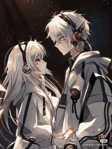 a drawing of a boy and a girl with headphones