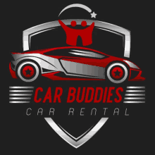 a logo for car buddies car rental with a red car in the middle