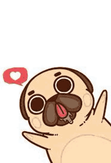 a cartoon pug dog with a heart shaped speech bubble above his head .