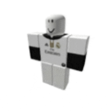 a roblox character wearing a white hoodie with black sleeves and a smile on his face .