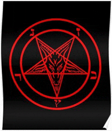 a red pentagram with a wolf 's head inside of it .