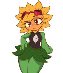 a cartoon drawing of a sunflower wearing a green skirt and goggles