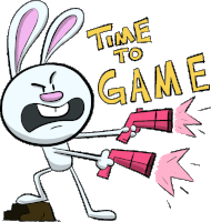 a cartoon of a bunny holding a gun with the words time to game behind it