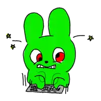 a green cartoon bunny is typing on a keyboard with red eyes .