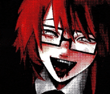 a pixel art of a girl with red hair and glasses with blood on her face