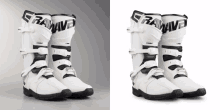 a pair of white motorcycle boots with the word crawver on them