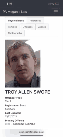 a screenshot of a pa megan 's law page with a picture of troy allen swope