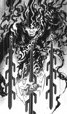 a black and white drawing of a person being attacked by a demon