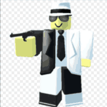 a roblox character is wearing a hat and tie and holding a gun .