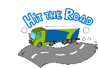 a green and blue truck is driving down a road with the words hit the road above it