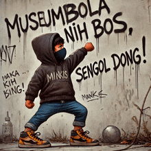 a cartoon of a boy wearing a minkis hoodie standing in front of a wall with graffiti on it