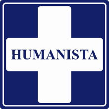 a blue sign with a white cross and the words humanista on it