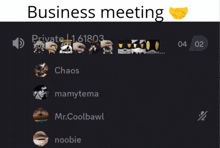 a screenshot of a business meeting with chaos and mr.coolbawl