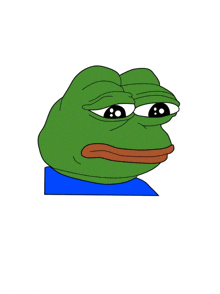 a green frog with a sad look on his face is wearing a blue shirt