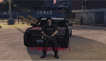 a police officer stands in front of a police car in a video game