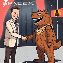 a cartoon of a man and a bear shaking hands in front of a spacex sign