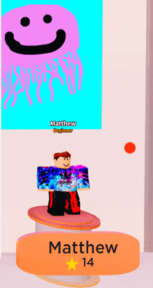 a cartoon character named matthew is standing on a pedestal