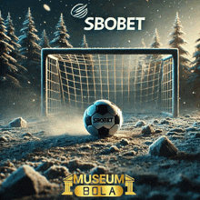 a soccer ball with sbobet written on it is in front of a soccer goal