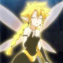 a drawing of a fairy with yellow hair and a black dress