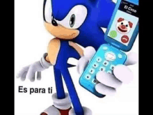 sonic the hedgehog is holding a flip phone in his hand .