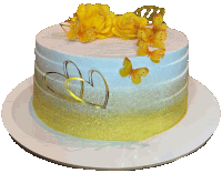 a blue and yellow cake with butterflies and hearts on top