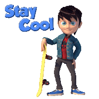 a cartoon character holding a yellow skateboard with the words stay cool behind him