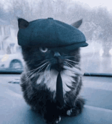 a cat wearing a hat and tie is sitting on the dashboard