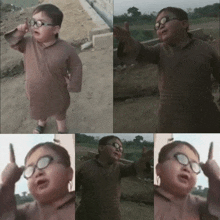 a young boy wearing glasses makes a funny face