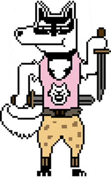 a pixel art drawing of a dog holding a sword